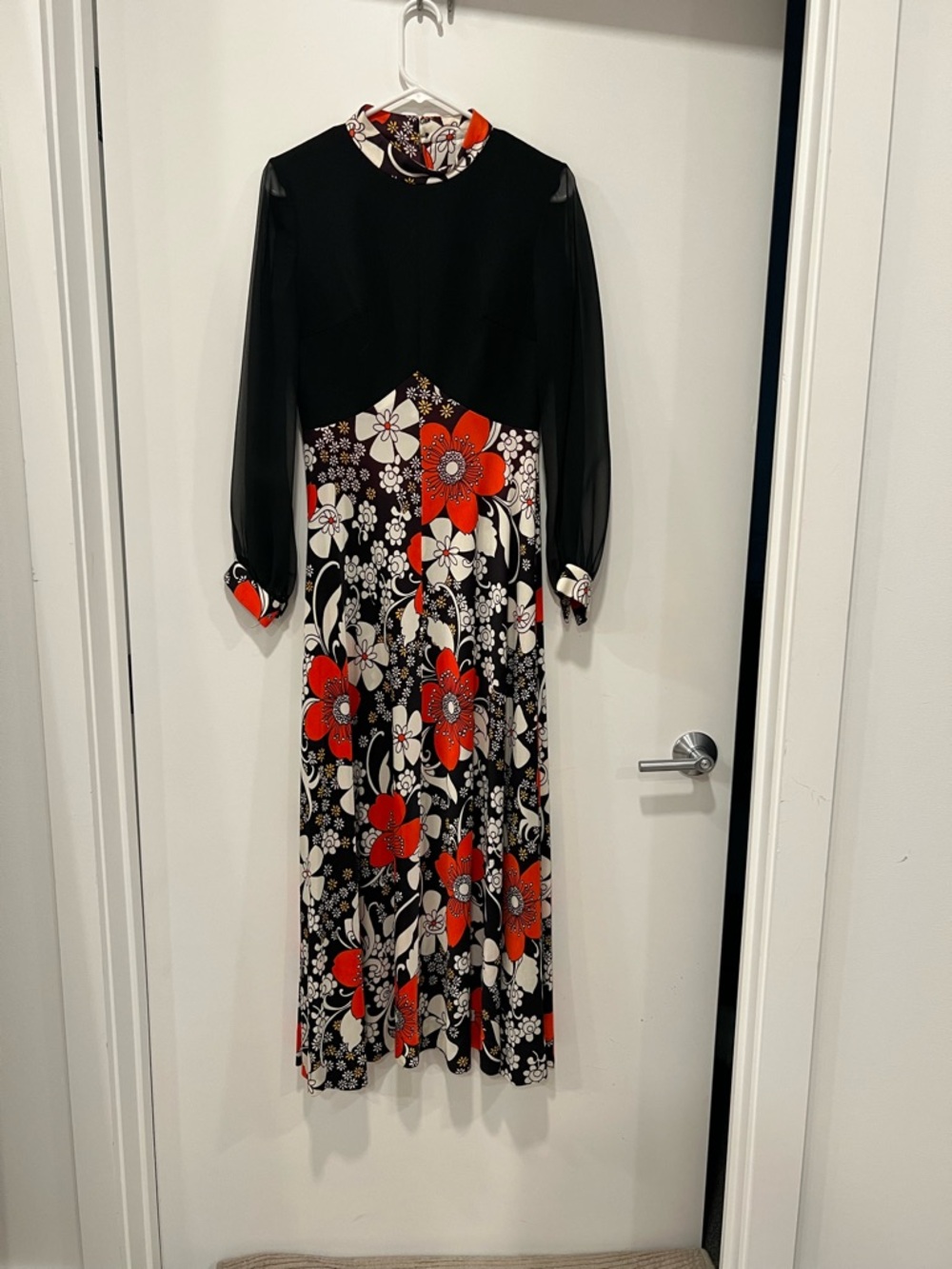 True Vintage 60-70s Black Maxi Dress with Orange yellow and White Floral Print